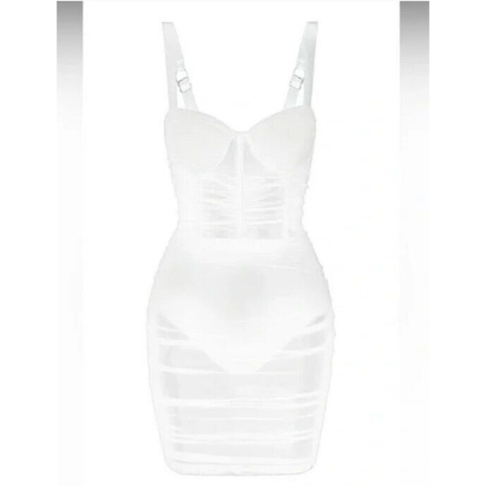 NWT LEAU‎ MIAMI MESH Sheer MINI DRESS White Ruched Sexy Club Party Size XS